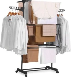 Étendoir à Linge Newlux, Vertical, Pliable, XXL Fold Care V60, Noir Avec Roulettes, 4 Niveaux Doubles Et 15 Mètres D'étendoir à Linge, étendoir à Linge Coulissant Avec Support Pour Petits Objets, Idéal Comme Armoire