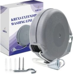 Krexs Corde à Linge Extensible - Corde à Linge - 15 Mètres - Fil à Linge - Corde à Linge Extensible - Corde De Séchage En Rouleau - Gain De Place