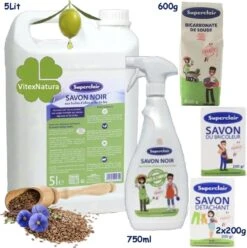 Pack ACTION De Produits D'entretien Ménager Bio . Bio écologique. Savon De Ménage Noir, Savon De Bicarbonate De Soude De Sodium