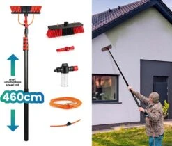 Manche Télescopique Avec Brosse Ensemble De 6 Pièces - Télescope Avec Brosse - Manche Télescopique Pour Le Nettoyage Des Vitres - Extensible Jusqu'à 4,6 Mètres - Avec Distributeur De Savon
