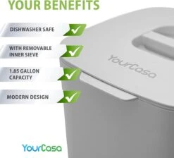 Poubelle à Compost YourCasa® - 7L - Pour Les Déchets Organiques Du Quotidien Dans La Cuisine - Passe Au Lave-vaisselle - Anti-odeur - Insert Intérieur Amovible - Poubelle à Déchets Organiques Avec Couvercle (gris Clair) -Nettoyage Produits Boutique 1200x1086 3