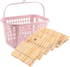 Pinces à Épingles à Linge Récupérez Panier En Plastique Vieux Rose Avec Crochet Et 150x Morceaux De Pinces à Linge En Bois 7,5 Cm - Linge Suspendu