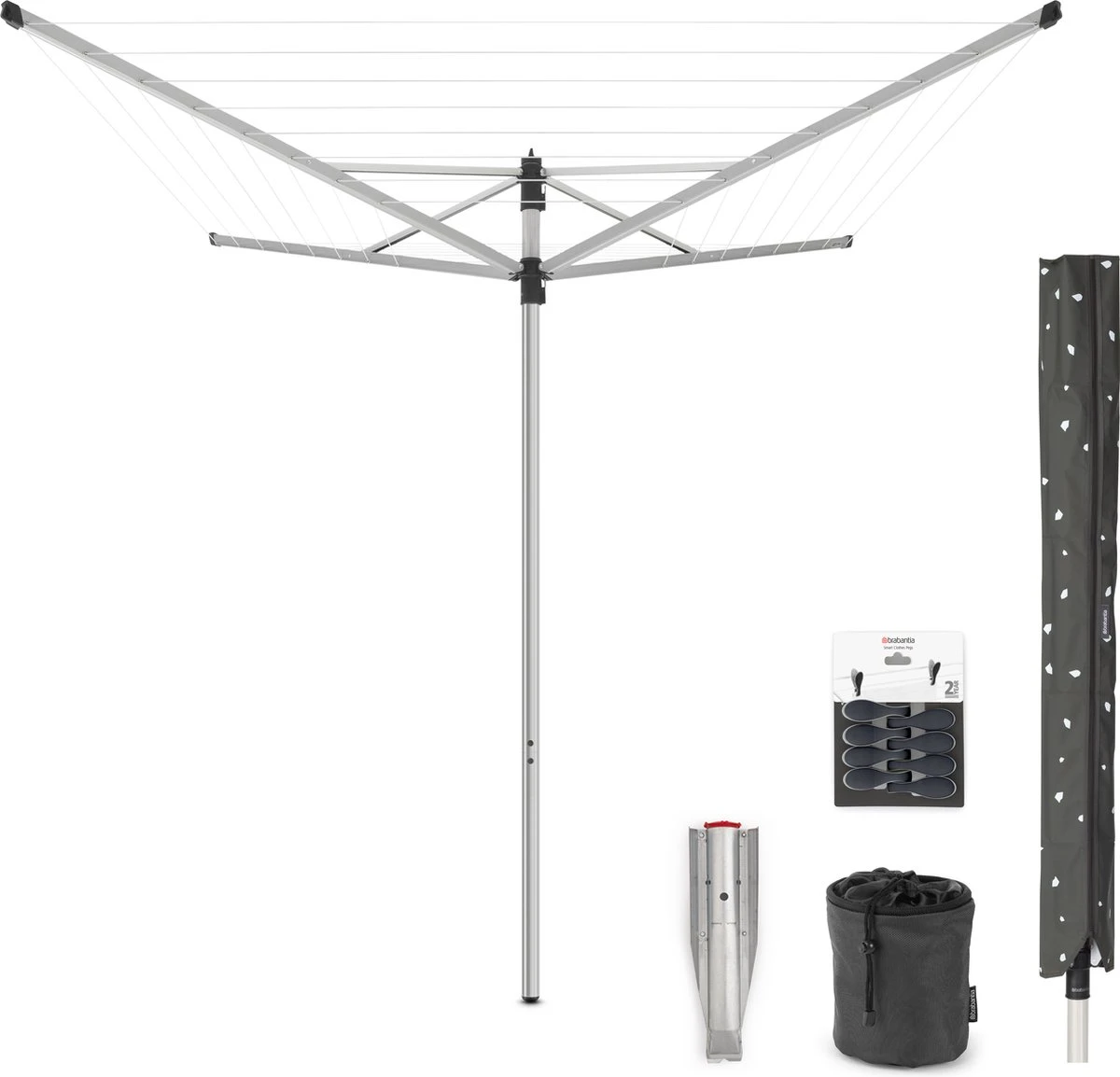 Brabantia Lift-o-Matic Séchoir Parapluie 40 Mètres Avec Ancre De Terre En Métal Et Housse De Protection, Sac Pour Pinces à Linge Et Pinces à Linge - Metallic Grey 4 Brabantia Lift-o-Matic Séchoir Parapluie 40 Mètres Avec Ancre De Terre En Métal Et Housse De Protection, Sac Pour Pinces à Linge Et Pinces à Linge - Metallic Grey – Image 2