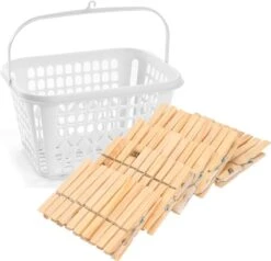 Les Épingles à Linge Collectent Le Panier Blanc En Plastique Avec Crochet Et 150x Morceaux De Pinces à Linge En Bois 7,5 Cm - Suspendre Le Linge