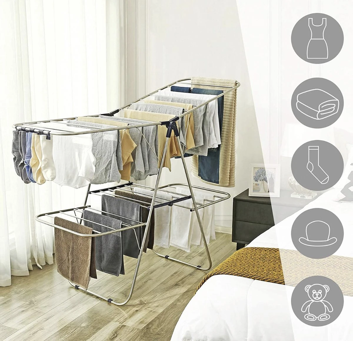 SONGMICS Portant à Vêtements En Acier Inoxydable, Sèche-linge Avec Ailes Réglables En Hauteur, Porte-vêtements à Ailes à 2 Niveaux, Pour Chaussettes, Linge De Lit, Vêtements, Pliable, Balcon, Stable, Bleu LLR53BU 9 SONGMICS Portant à Vêtements En Acier Inoxydable, Sèche-linge Avec Ailes Réglables En Hauteur, Porte-vêtements à Ailes à 2 Niveaux, Pour Chaussettes, Linge De Lit, Vêtements, Pliable, Balcon, Stable, Bleu LLR53BU – Image 7