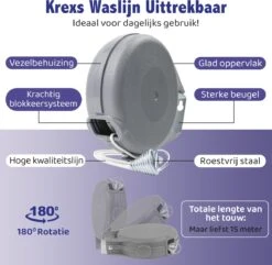 Krexs Corde à Linge Extensible - Corde à Linge - 15 Mètres - Fil à Linge - Corde à Linge Extensible - Corde De Séchage En Rouleau - Gain De Place -Nettoyage Produits Boutique 1200x1173