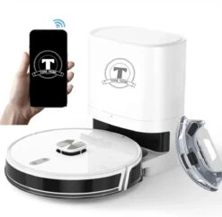 TONIHOMI® V8 - Aspirateur Robot Avec Fonction De Nettoyage - Vidange Automatique - Recharge Automatique - Navigation Laser LDS - Wit