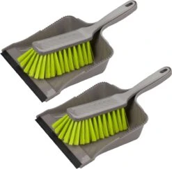 Set De 2x Pelle à Poussière En Plastique Et Boîte Grise / Verte Avec Brosse Douce - Produits De Nettoyage