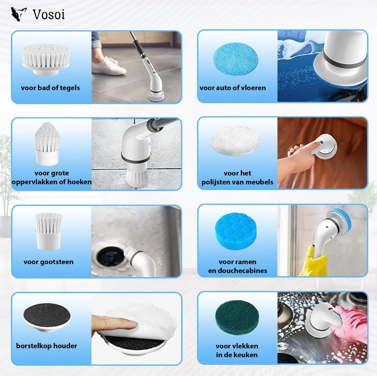 Vosoi - Brosse De Nettoyage électrique - Polisseuse - Brosse à Récurer électrique - Polisseuse - Produits De Produits De Nettoyage - 7 Accessoires - Sans Fil - Cuisine - Salle De Bain - Voiture - Nettoyeur De Sol Avec Manche 12 Vosoi - Brosse De Nettoyage électrique - Polisseuse - Brosse à Récurer électrique - Polisseuse - Produits De Produits De Nettoyage - 7 Accessoires - Sans Fil - Cuisine - Salle De Bain - Voiture - Nettoyeur De Sol Avec Manche – Image 10