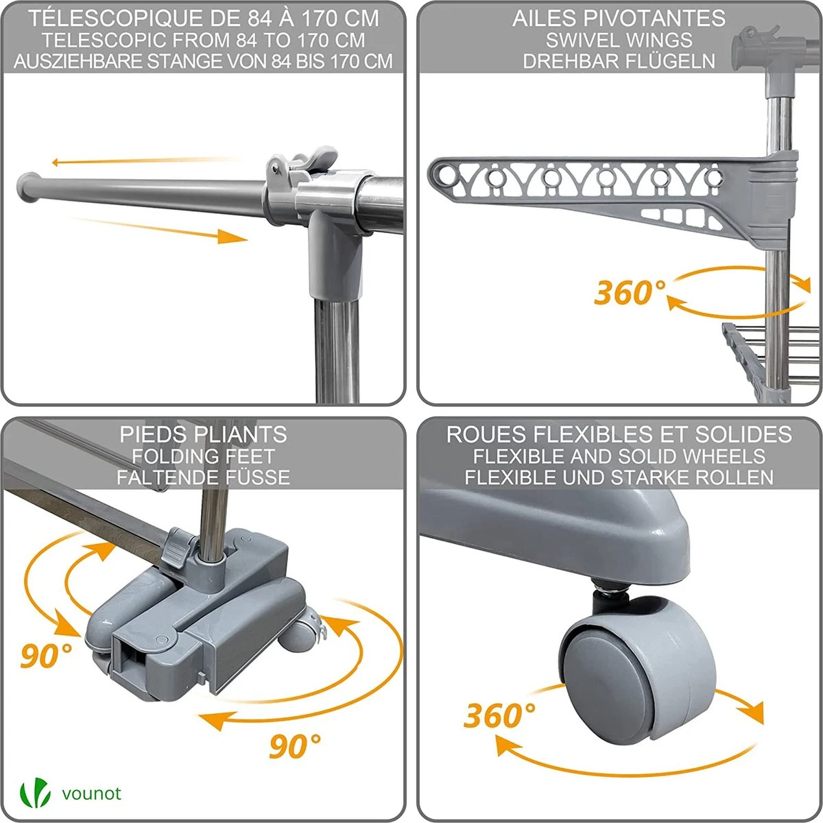 Vounot Séchoir à Linge Pliable à Roulettes Séchoir à Linge En Acier Inoxydable De Grande Capacité Ceinture Pliante à 3 Couches 23m Intérieur Outdoor Sèche-linge En Métal 170x60x152cm 5 Vounot Séchoir à Linge Pliable à Roulettes Séchoir à Linge En Acier Inoxydable De Grande Capacité Ceinture Pliante à 3 Couches 23m Intérieur Outdoor Sèche-linge En Métal 170x60x152cm – Image 3