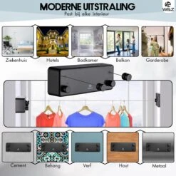 W&Z Corde à Linge Extensible - Corde à Linge - Corde à Linge Extensible - Fil De Séchage En Rouleau - Fil De Fil à Linge Avec Âme En Acier - Longueur De Séchage 8,4 M - Zwart -Nettoyage Produits Boutique 1200x1200 296