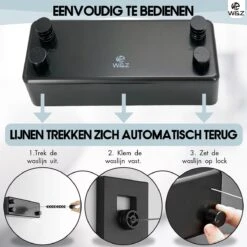 W&Z Corde à Linge Extensible - Corde à Linge - Corde à Linge Extensible - Fil De Séchage En Rouleau - Fil De Fil à Linge Avec Âme En Acier - Longueur De Séchage 8,4 M - Zwart -Nettoyage Produits Boutique 1200x1200 298