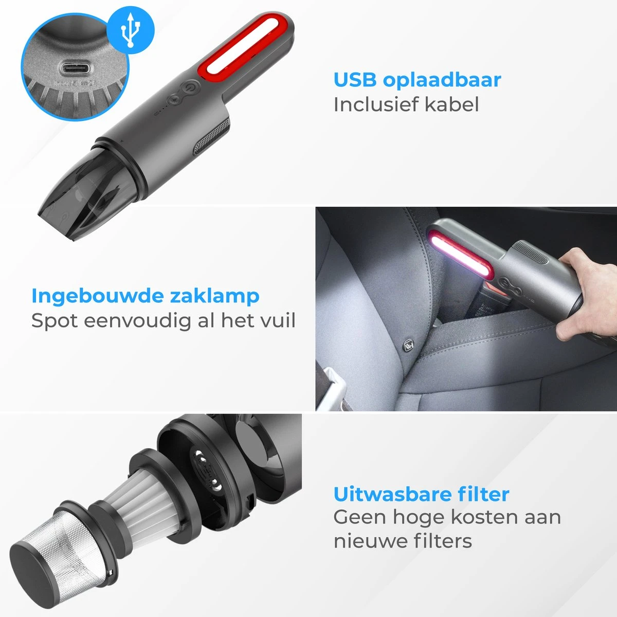 Nuvance - Aspirateur De Voiture 6000Pa - Sans Fil à Main - Aspirateur De Voiture USB Rechargeable - Aspirateur à Main Pour Voiture Et Maison - Incl. Pièce Jointe 9 Nuvance - Aspirateur De Voiture 6000Pa - Sans Fil à Main - Aspirateur De Voiture USB Rechargeable - Aspirateur à Main Pour Voiture Et Maison - Incl. Pièce Jointe – Image 8