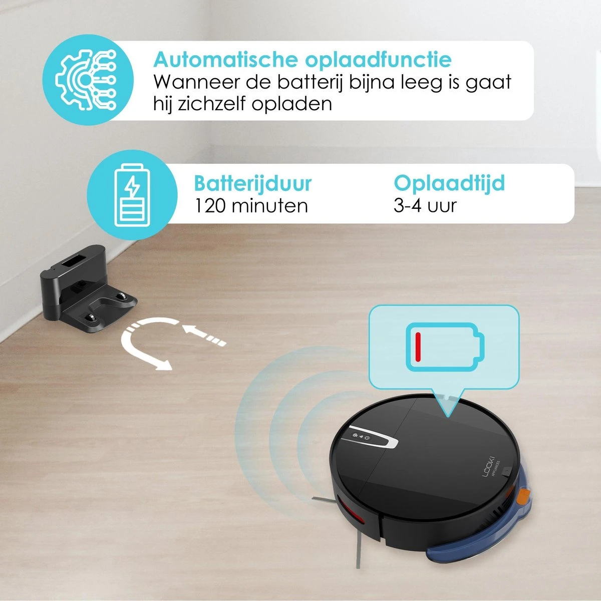 Looki® 3-en-1 Avec Fonction De Nettoyage Et Contrôle D'application - Aspirateur Robot Sans Fil - IOS Et Android - Automatique - Avec Station De Charge - 45DB - Zwart 8 Looki® 3-en-1 Avec Fonction De Nettoyage Et Contrôle D'application - Aspirateur Robot Sans Fil - IOS Et Android - Automatique - Avec Station De Charge - 45DB - Zwart – Image 6