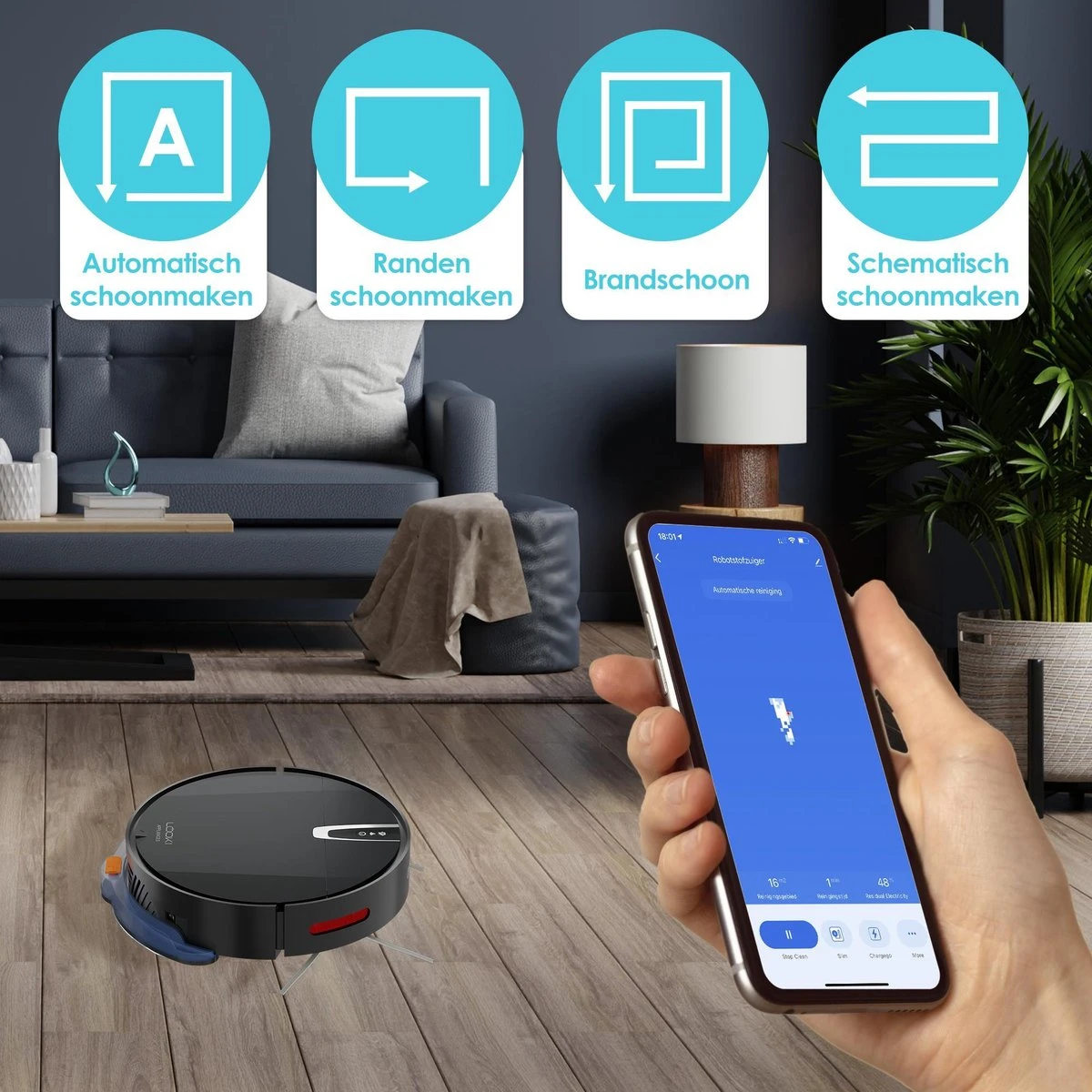Looki® 3-en-1 Avec Fonction De Nettoyage Et Contrôle D'application - Aspirateur Robot Sans Fil - IOS Et Android - Automatique - Avec Station De Charge - 45DB - Zwart 11 Looki® 3-en-1 Avec Fonction De Nettoyage Et Contrôle D'application - Aspirateur Robot Sans Fil - IOS Et Android - Automatique - Avec Station De Charge - 45DB - Zwart – Image 9