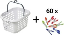 Prohobtools Panier à Pinces à Linge Blanc + Épingles à Linge à Linge 60 Pièces - Plateau à Pinces à Linge - Sac à Pinces à Linge - Panier à Pinces à Linge - Épingles à Linge Softgrip