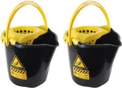 2x Seaux à Vadrouille / Seaux à Vadrouille 13,5 Litres Noir / Jaune Attention 32 X 30 Cm - Nettoyage / Essuyage Du Sol - Produits D'entretien