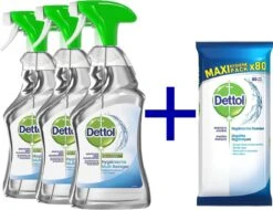 Dettol Cleaning Wipes Inodore - 80 Lingettes + Dettol Multi Cleaner Spray - Nettoyant Tout Usage - 3x 500 Ml