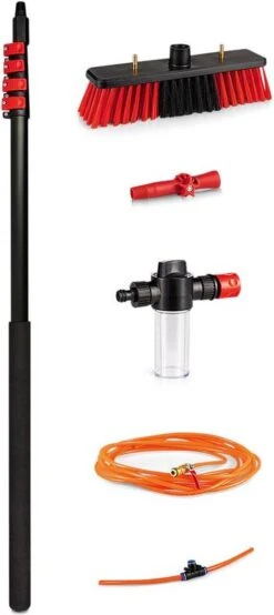 ®Qz - Manche Télescopique Avec Brosse - Set De 6 Pièces - Kit De Nettoyage De Vitres - Kit De Nettoyage De Panneaux Solaires - Extensible Jusqu'à 4,6 M - Avec Distributeur De Savon