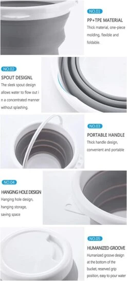 Seau à Eau Pliable, Seau En Plastique Silicone Avec Poignée, Grand Seau Pliable Pour La Pêche, Le Camping, La Randonnée, Le Nettoyage Et Le Lavage De Voiture, 10L (gris) -Nettoyage Produits Boutique 542x1200 1