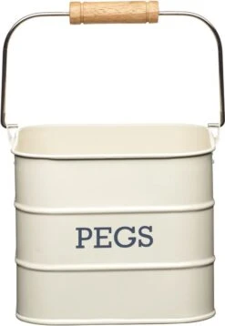 KitchenCraft Living Nostalgie Boîte à Pinces à Linge Boîte En Métal Avec Poignée En Bois Rotative Cuisine/Boîte De Rangement Pour Pinces à Linge Boîte De Rangement 14,5 X 14,5 X 12 Cm Blanc Crème