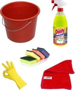 Kit De Nettoyage | Dasty , Seau De 12 Litres, 5 Tampons à Récurer, 2 Chiffons Microfibres, 1 Paire De Gants De Ménage